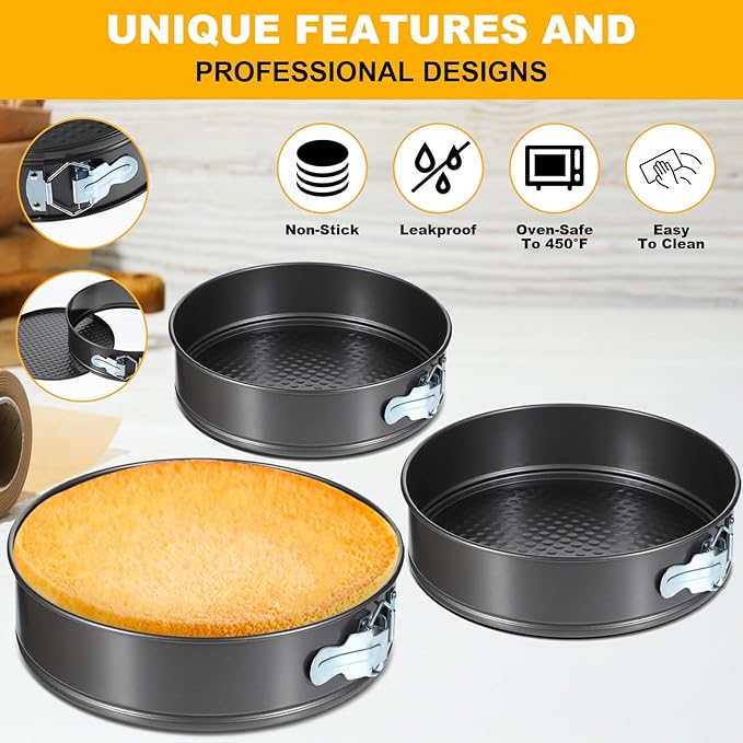 3 Pack Removable Springform Cake Pan, Round Nonstick Cheesecake Pan, Cake Pans Molds with Leakproof Bottom Removable for Baking Cheesecakes, Pie, Pizza and Quiches (7.8", 8.5", 9.5")