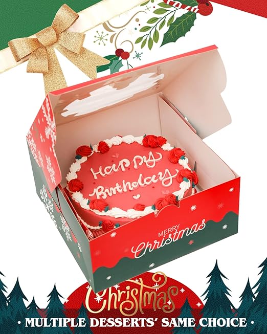 qiqee Christmas 10x10x5 Cake Box, 4 Sets Christmas Cake Box with Window ＆ 4 Sets 10 Inch Santa Cake Round Boards, 10 Inch Cake Containers