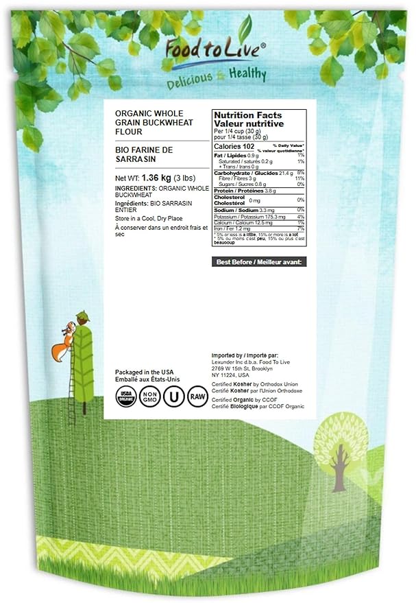 Food to Live Organic Whole Grain Buckwheat Flour, 3 Pounds – Non-GMO, Kosher, Unbleached, Unbromated, Unenriched, Stone Ground, Powder, Meal, Sirtfood, Bulk