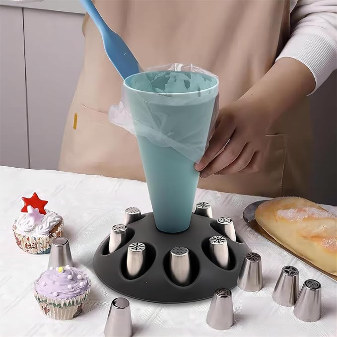 Piping Bag Stand and Tip Organizer With 8 Holder Slots for Filling - Plastic Pastry Bag Holder - Cake Decorating Kit and Baking Accessories