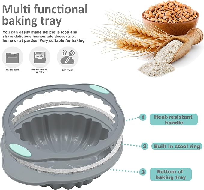 3-Piece Silicone Round Cake Pan Set, Metal-Frame Non-Stick Baking Trays, Jelly Molds, Non-Stick Grooved Cake Molds, Suitable for Breads, Meat Patties, Cakes, 5/7/9 Cups, Light Gray