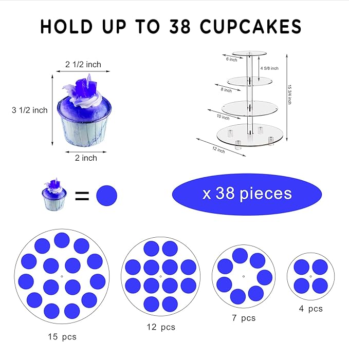 Cupcake Stand, 4-Tier Round Cupcake Holder with LED light String, Acrylic Cupcake Tower Display for Wedding, Birthday party etc.（Blue Light）