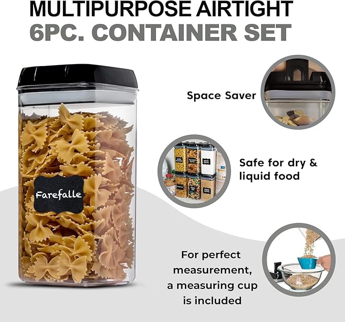 Shazo Airtight Food Storage Containers with Lids - 6 PC BPA Free Clear Plastic Cereal Containers with Easy Lock Lids for Kitchen and Pantry Organization for Snacks and Pasta - 1.2L