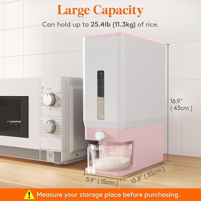 Lifewit Rice Dispenser 25 Lbs(11.3kg), Rice Storage Container Sealed Moisture Proof with Measuring Cup for Kitchen Pantry Household, BPA-Free, Pink