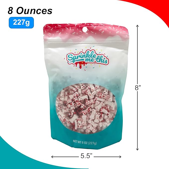 Bloody Bones Treat Toppers - 8 oz Resealable Stand Up Candy Bag - White Candy Bone Shaped Sprinkles w/ Red Splashes - Halloween Themed Sprinkles for Holiday Desserts and Snacks