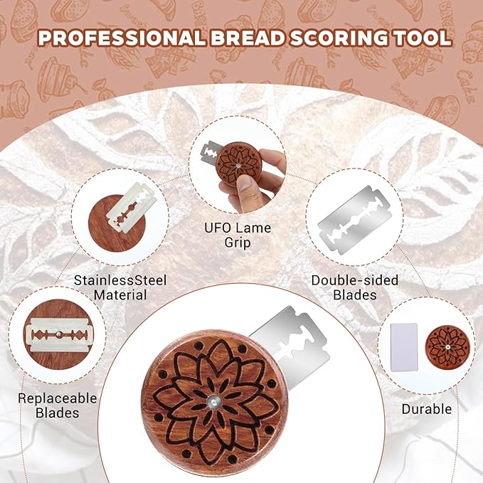 Bread Lame Sourdough Scoring Tool, Wooden Dough Scoring Knife with 5 Razor Blades, Ergonomic UFO Bread Lame Knives Sourdough Razor Scorer Breads Bakers Slashing Baking Tool