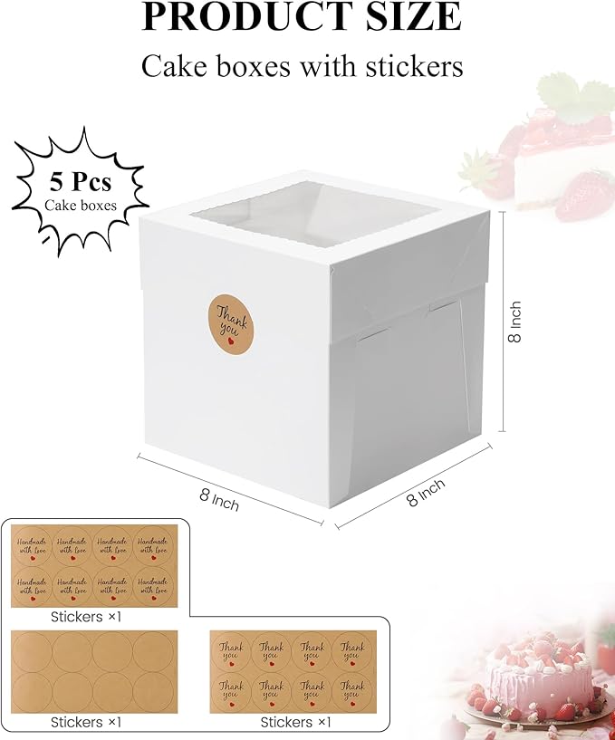 COTOPHER 5Pcs 8x8x8 Inches Cake Boxes, Square Bakery Boxes with Window, Cajas Pasteles for Valentine's Day, Mother's Day,Wedding, Birthday, Party Cake Decorating Supplies for Gift Giving