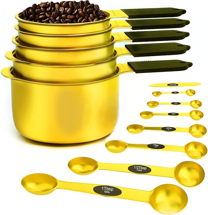 Magnetic Measuring Cups and Spoons Set, Heavy Duty 304 Stainless Steel, 5 Nesting Gold Measuring Cups and 7 Magnetic Measuring Spoons, Baking & Cooking Set of 13 with Leveler