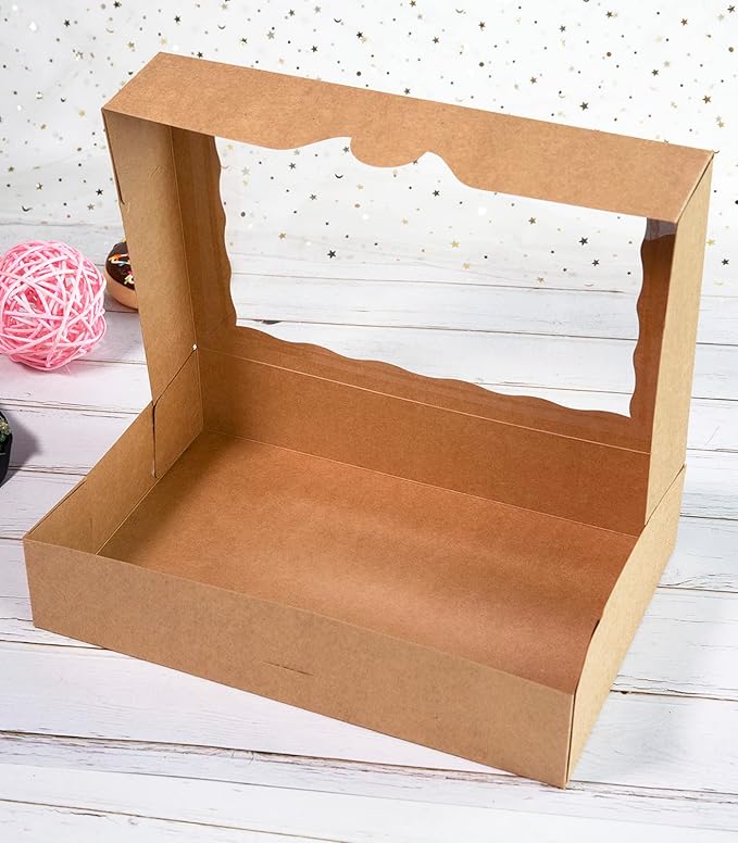 8-Pack Brown Pastry Box12x8x2.5inch,Large Bakery Cookie Box for Donuts,Muffins with Window Lid - Auto-Pop up Paper Box Doughnut Cardboard Chocolate Strawberries Treat Boxes,Pack of 8
