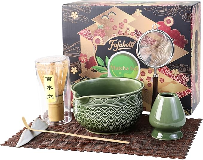 7 Pcs Matcha Whisk Set, Ceremony Matcha Kit with Matcha Bowl, Bamboo Whisk and Holder, Scoop and Scoop Rest, Sifter and Tea Towel, Gift for Matcha Lovers (Green/Wave-Patterned)