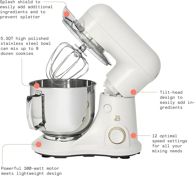 Beautiful 5.3 QT Stand Mixer w/Tilt-Head Design, Stainless Bowl, 300-Watt Power, 12-Speed Control, Includes Beater, Dough Hook, Whisk, Splash Shield (White Icing)