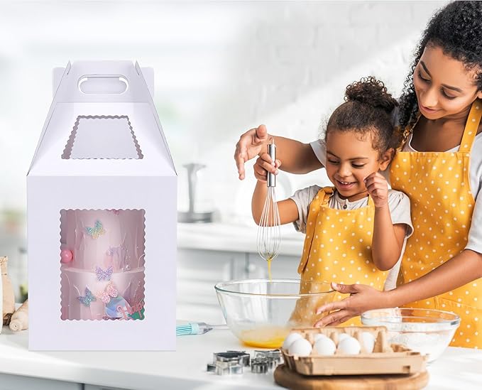 Tall Cake Boxes for Tier Cakes with Cake Boards 4 Pack 10x10x12 Inch Large Tiered Cake Carrier Containers with Window for Wedding Birthday Bakery