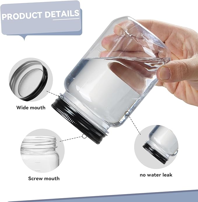 novelinks 16 oz Clear Plastic Jars with Screw-On Lids - BPA-Free Refillable Storage Containers for Slime, Food, Crafts, Kitchen & Household Use (10 Pack,Black)