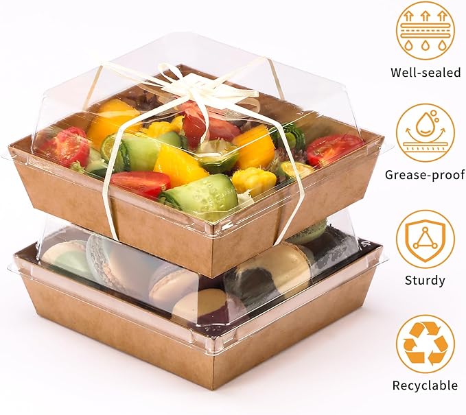 100pcs Smal Charcuterie Boxes with Clear Lids - Disposable Food Containers for Desserts,Boxes for Sandwich, Cake Slice Packaging, Fruit,Salad,Perfect for Bakery Treats,(Brown, 5.3 * 4.9 * 2.5 in)