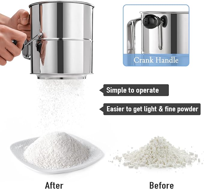 PIQUEBAR Flour Sifter - 8 Cup Fine Mesh Hand Crank Sifter Stainless Steel with Agitator Wire Loop for Baking, Powdered Sugar Duster Set