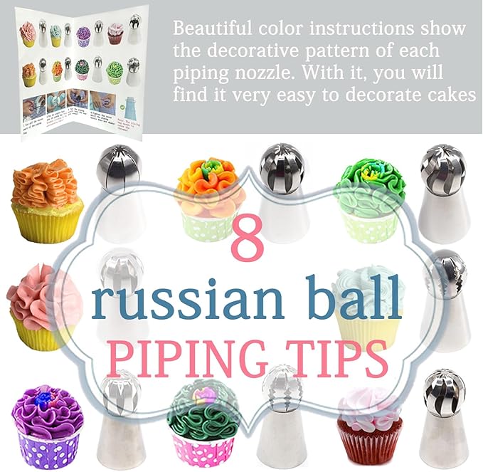 Russian Ball Piping Tips Set, 43 PCS Stainless Steel Piping Bags and Tips Set Large Flower Piping Tips for Cake Decorating, Cupcake Icing Tips Frosting Piping Kit Baking Cake Decorating Supplies