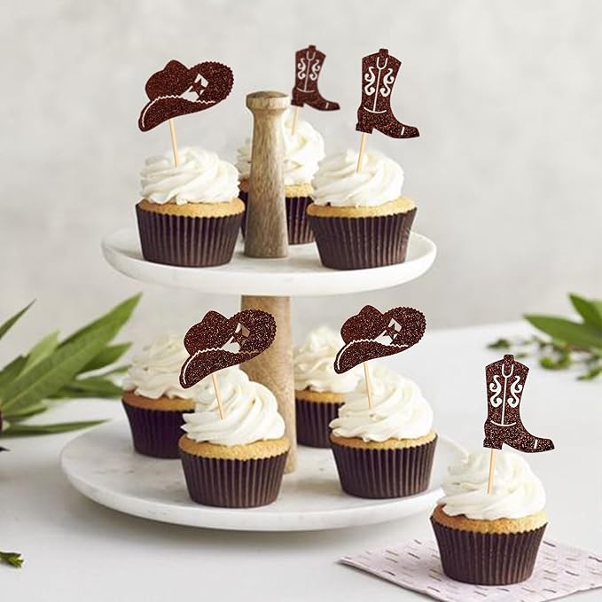24Pcs Cowboy Cupcake Toppers Glitter Cowgirl Hat and Boot Cupcake Toppers Picks Western Theme Baby Shower Kids Birthday Party Supplies