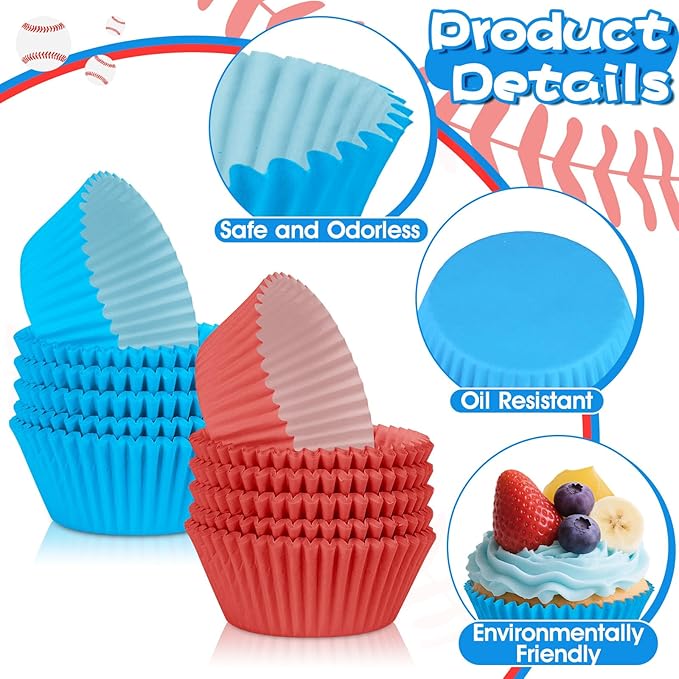200PCS Red and Blue Cupcake Liners Muffin Baking Cups Wrappers for Blue and Red Birthday Party Supplies Disposable Pastel Cupcake Papers for Sports Theme Baseball Birthday Party Decorations