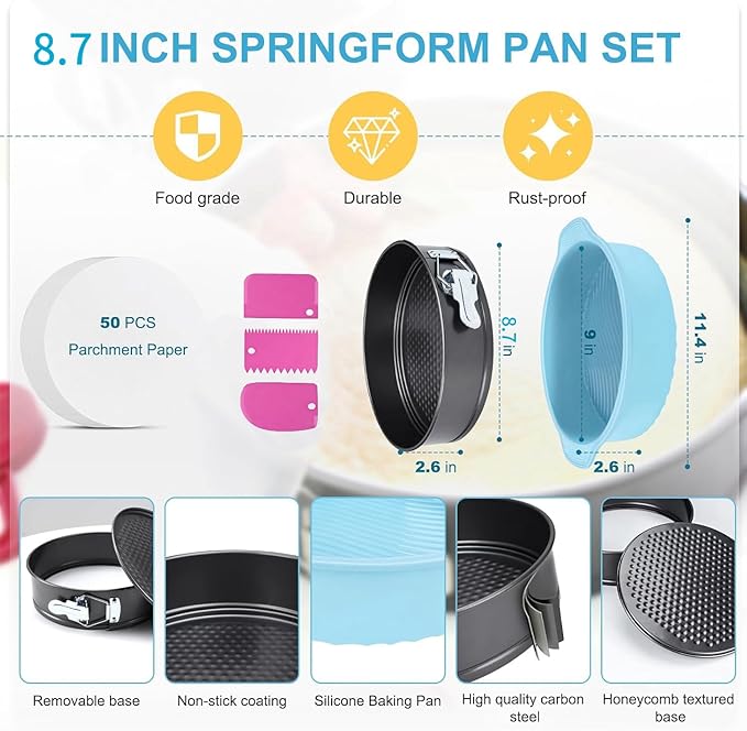 8.7 In Springform Pan, Round Leakproof Nonstick Removable Bottom Cheesecake Pan, Baking Silicone Protector with 50PCS Parchment Paper