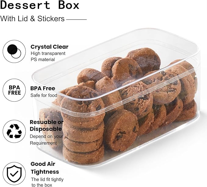 Plastic Rectangle Dessert Cups Boxes with Lids and Sporks,packaging for baked,Cookie Tiramisu Containers for Fruit,Pudding,Mousse,Parfait Cups With Lids(8, Rect 4.6 * 2.4 * 2 IN-Boxes)