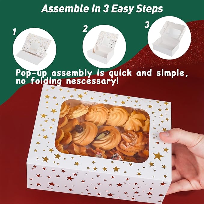 12pcs Cookie Boxes with Window, 8.25x6x2.75in White Treat Boxes with Window Gold Foil Star Bakery Cake Boxes for Christmas Gift Giving Pastry Dessert Cupcakes Candy Donut Packaging