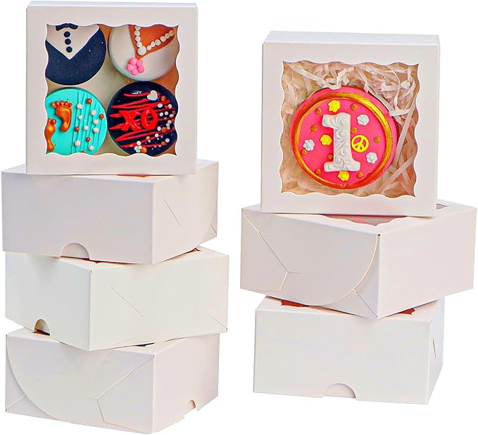 100Pack 4x4x2 Inch White Simple Elegant Bakery Boxes with Window Treat Boxes Truffle Boxes for Party Wedding Favor Mother's Valentine's Birthday Day
