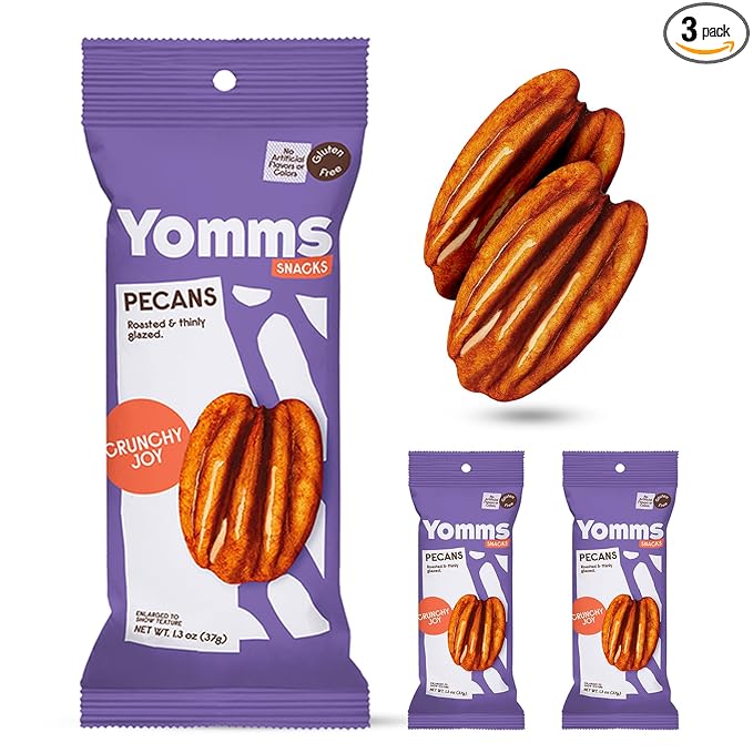 Yomms Crunchy Joy Pecans Halves – Low Sugar Healthy Dessert Snack | Sweet Coconut & Crunchy Pecan Snack | Lightly Sweetened, Honey Roasted Mixed Nuts | Great for Snacking, Salads - 1.3oz - Pack of 3