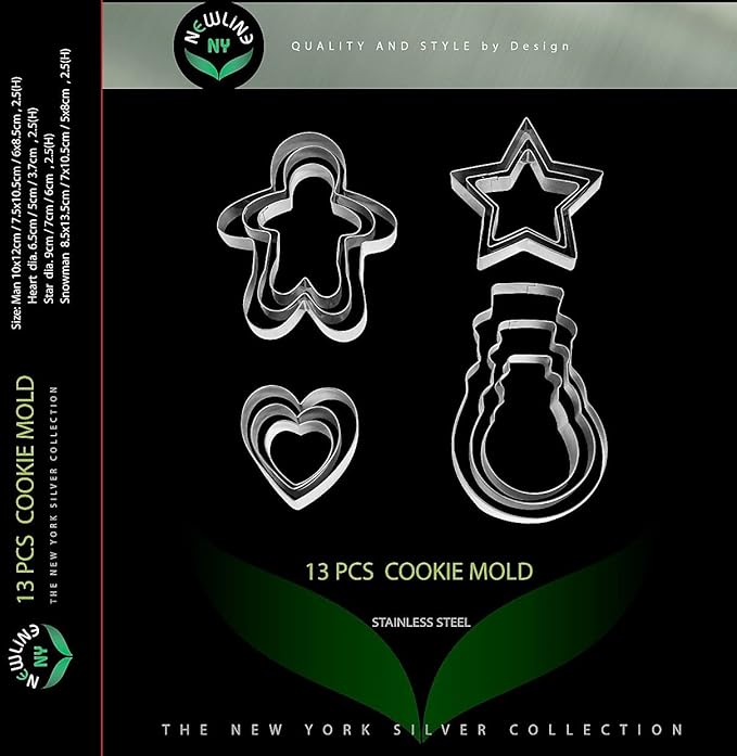 NewlineNY Cookie Molds Cutters Sets: Stainless Steel 13 Pieces Cookie Mold Biscuit Pastry Cutter Set, Man, Star, Heart, Snowman & a Cutter Blade