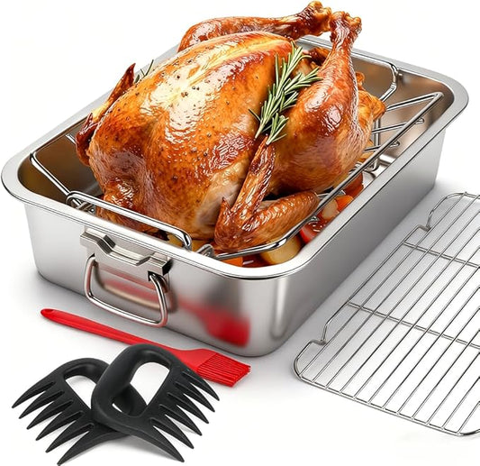 15.5 Inch Stainless Steel Roasting Pan with V-Shaped & Flat Cooling Rack, 6 PCS Set with Meat Claws Pastry Brush, Heavy Duty Deep Turkey Roaster Oven Safe Dishwasher Safe for Chicken Ham Lasagna
