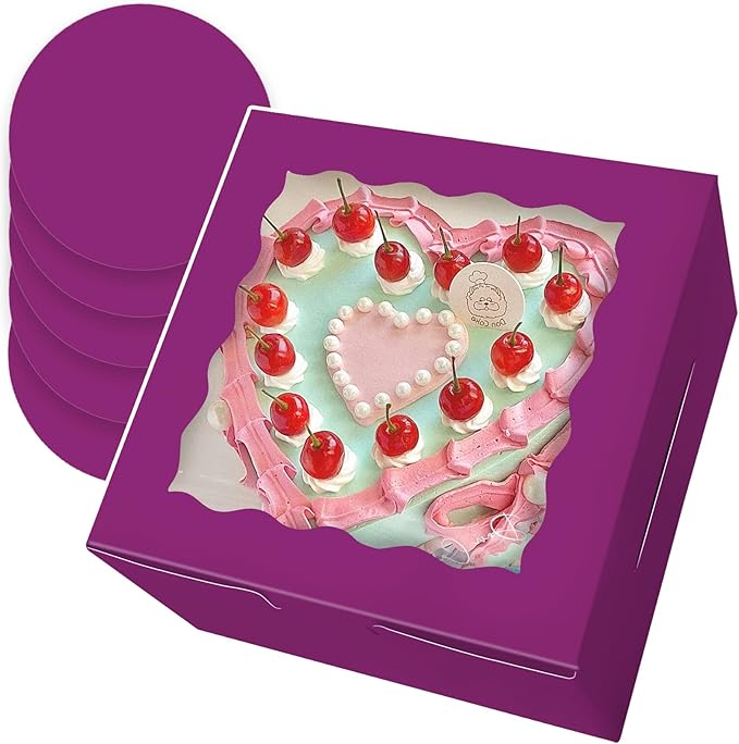 Bakepacker 36pcs 8x8x5 Inches Cake Boxes with Window 18-Packs Deep Purple Cake Boxes 8 Inch Bakery Boxes (18 Cake Boxes +18 Cake Boards Included)
