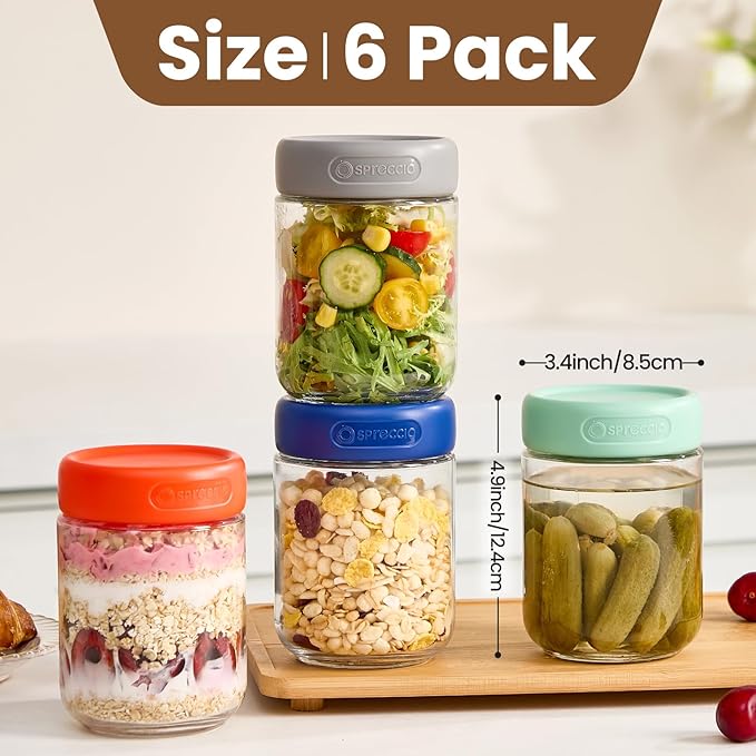 6-Pack 16oz Borosilicate Glass Jars with Airtight Lids, Overnight Oats Containers with Lid, Glass Jars for Overnight Oats Yogurt Chia Pudding Pickles Snacks Meal Prep
