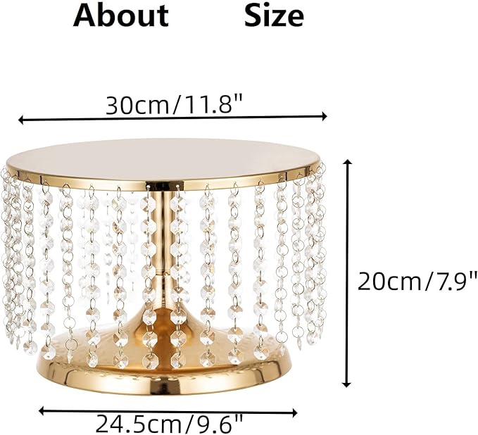LANLONG Cake Stand for Dessert Table 12 Inch Gold Crystal Pendants Metal Cake Stand Serves as A Round Dessert Cupcake Display Plate for Table, Wedding, Party, Event