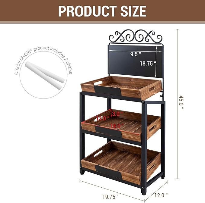 MyGift Fruit Stand and Produce Stand with Burnt Wood Trays, Bakery Display Rack, Bread Display Shelf, 3-Tier Vintage Metal Design with Chalkboard Signs