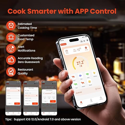 Wireless Meat Thermometer with Wireless Probe, 800Ft Remote Range Food Thermometer with iOS & Android Read App - Preprogrammed Temperatures, LCD Digital Cooking Thermometer for BBQ, Oven, Grill etc.