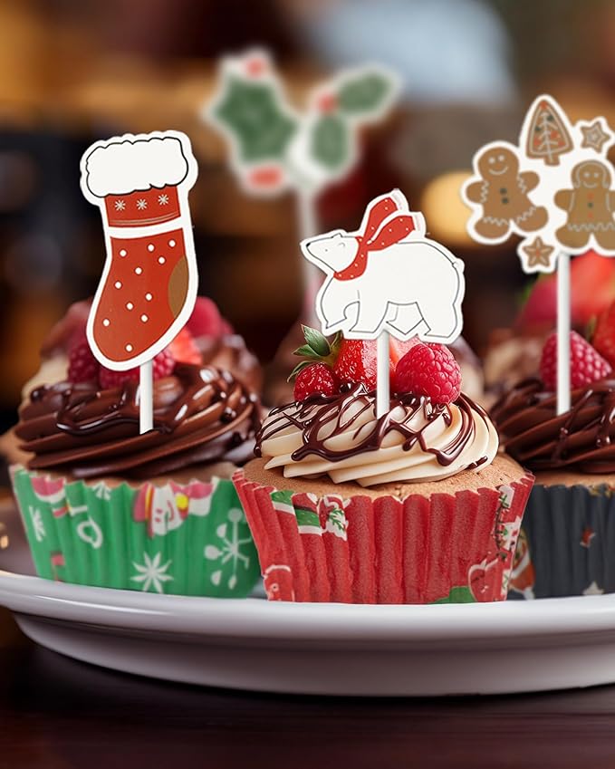 Standard 200 Pcs Christmas Cupcake Liners with 12 Pcs Cupcake Toppers, Christmas Muffin Liners, Baking Cups for Xmas Holiday Party Favors