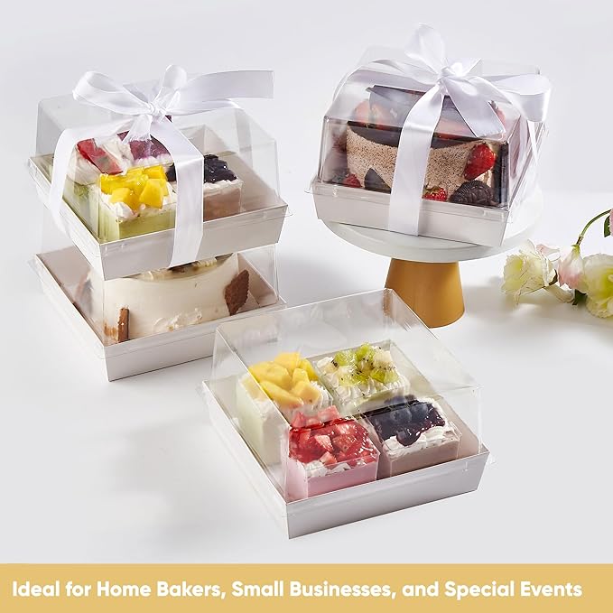 20 Pack 7x7x4 Cake Boxes with Clear Lids for 4-6 Inch Cakes, Treats or Desserts – Paper Bento Cake Boxes, Disposable Bundt Containers – Bakery Take Out Containers – To Go Square Packaging, White