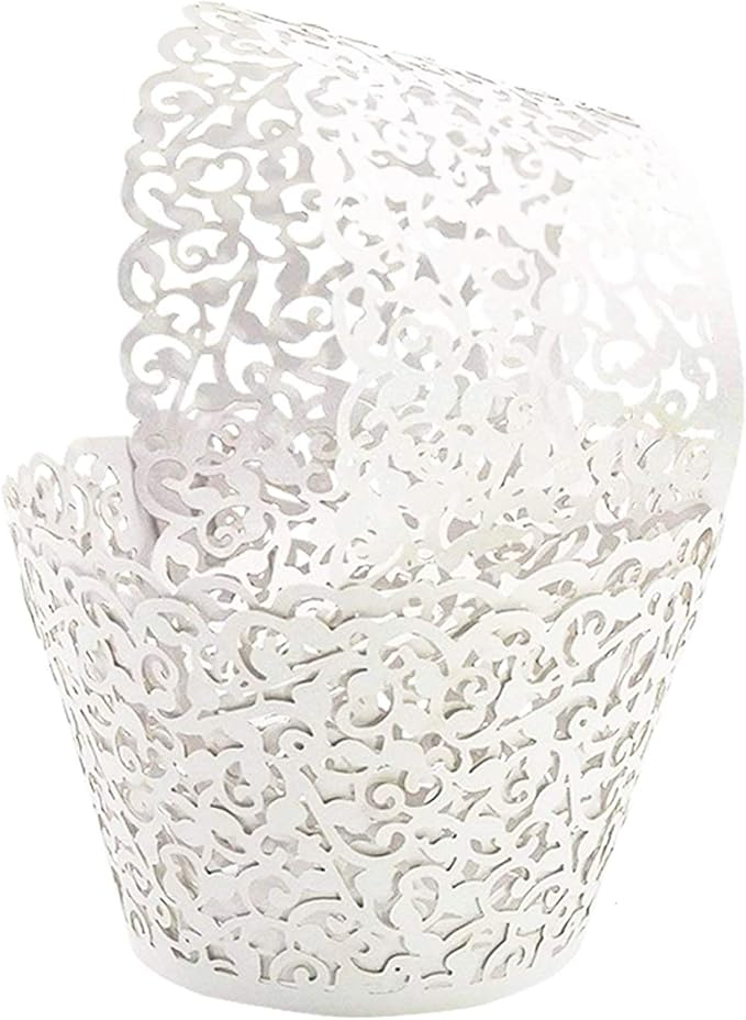 GOLF 100Pcs Cupcake Wrappers Artistic Bake Cake Paper Filigree Little Vine Lace Laser Cut Liner Baking Cup Wraps Muffin CaseTrays for Wedding Party Birthday Decoration (White)