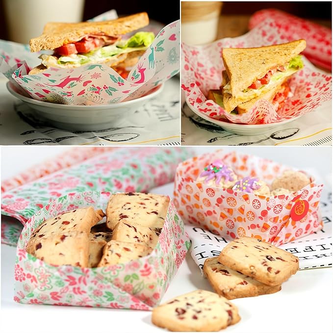 Zezzxu 100 Sheets Christmas Wax Paper Xmas Food Parchment Paper Grease Proof Dry Paper Liners Wrapping Tissue for Food Basket (Xmas Elk)