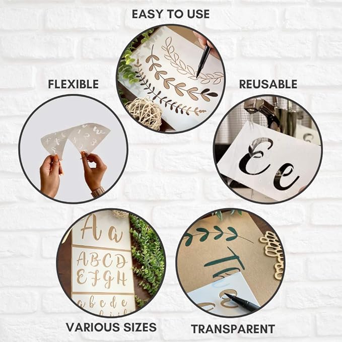 Boutique Calligraphy Stencil Template Kit - 45 Reusable Pieces - Includes Lettering Upper and Lowercase Both Large and Small, Numbers, Punctuation, Laurels and Flowers - for Arts Crafts Painting Wood