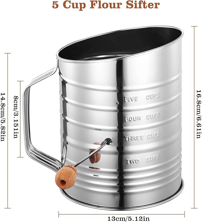Flour Sifter for Baking, 304 Stainless Steel 5 Cup Flour Sieve Fine Mesh Screen Powder Sifters with Loop Agitator for Quick Sifting, Hand Crank Sifter for Cooking Baking Kitchen Sugar Utensil DIY