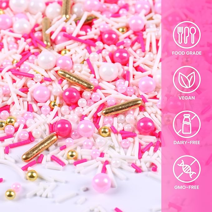 Pink Sprinkles for Cake Decorating, 3.52oz Pearl Sprinkles for Ice Cream Cupcakes Toppings Baking Cookies, Pink Gold Sprinkle for Valentines Weddings Princess Shower Bridal Party