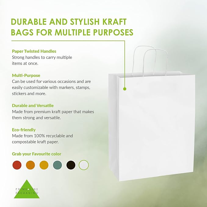 Prime Line Packaging White Gift Bags, Shopping Gift Bags Medium with Handles for Small Business, Boutiques, Retail, Merchandise, Party Favors, Bulk 10x5x13, 25 Pack
