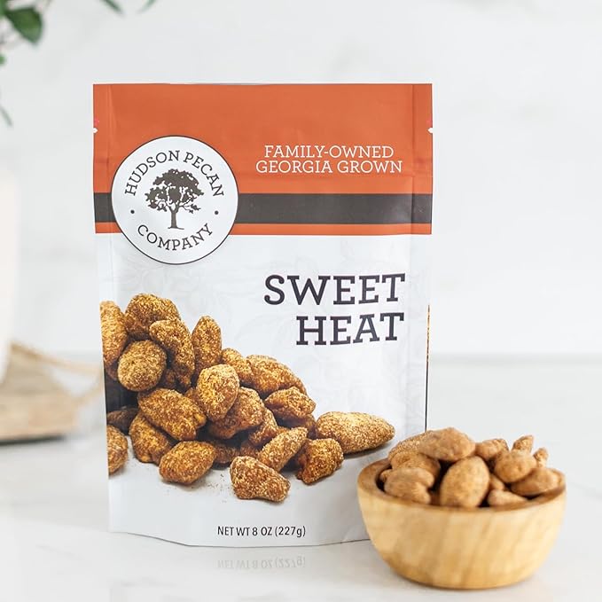 HUDSON PECAN COMPANY: Sweet Heat Georgia Pecans | Perfectly Balanced Roasted Sweet Flavor with a Little Kick (Heart Healthy Gourmet Candied Nut Snack, Great for Salads or Snacking), 8 oz Resealable Pouch