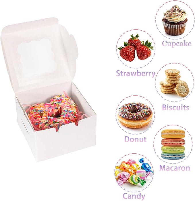 30pcs 4''x4''x2.5'' Small Bakery Boxes, White Gift Container with Window for Dessert, Strawberries, Cookie, Pastry, Small Treats