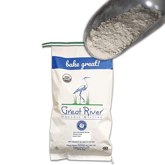 Great River Organic Milling Organic Barley Flour | Unbleached, Unbromated, Non-GMO, Kosher | High Fiber, Nutty Flavor Perfect for Breads, Pancakes, & More | 25 Lb