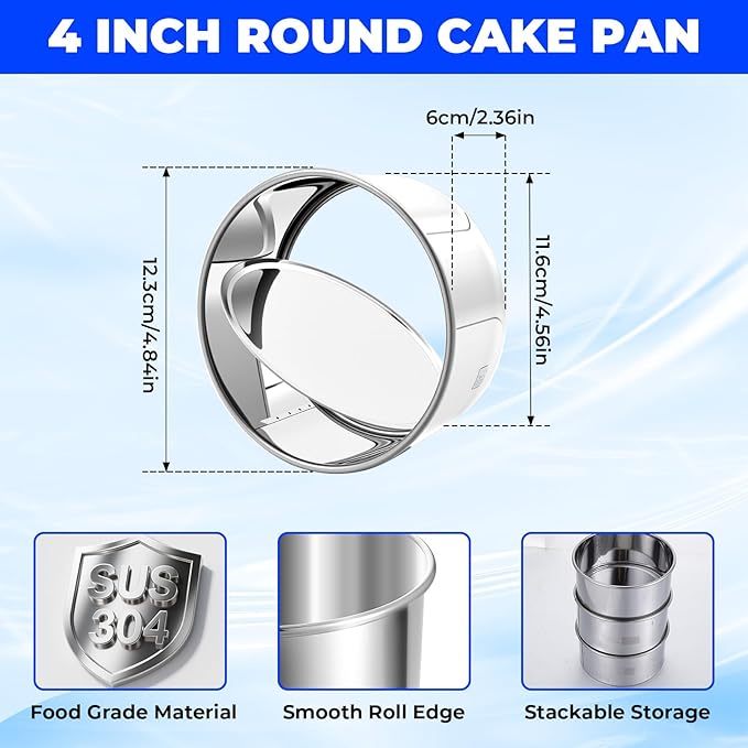 4 Pcs 4 Inch Cake Pan with Removable Bottom, 304 Stainless Steel Cake Pan Mini Round Easy Releasing Baking Pans for Birthdays, Weddings, Banquets, Parties, Christmas
