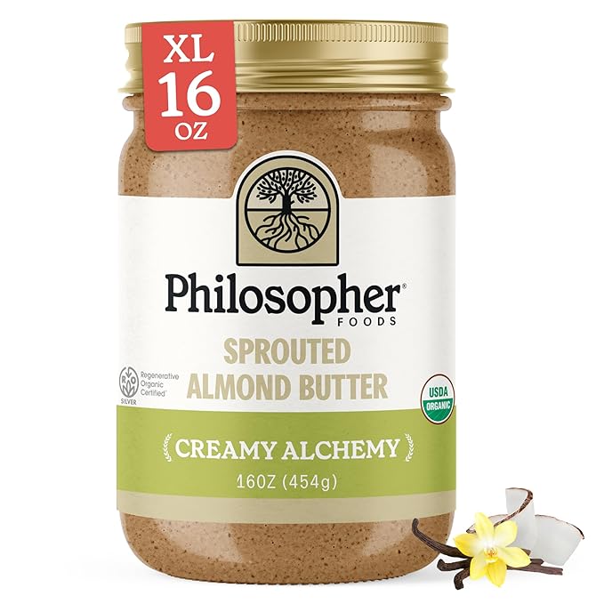 Philosopher Foods - Creamy Alchemy Organic Sprouted Almond Nut Butter - 16 oz - Stone Ground Regenerative Organic Creamy Almond Butter with Coconut Oil, Vanilla, and Ancient Seabed Salt