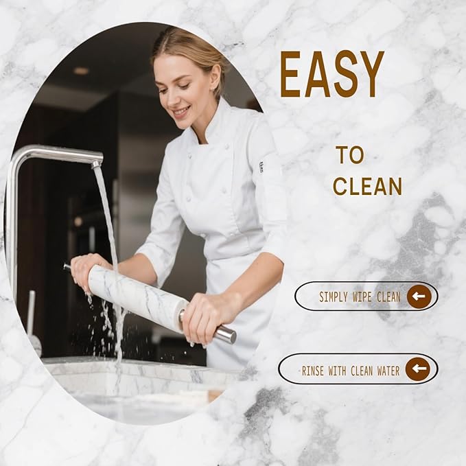 White Marble Rolling Pin with Stainless Steel Handles Baking Set - Silicone Baking Mat, Stainless Steel Dough Cutter，Marble Rolling Pin with 3 Multi-Color Thicknesses and Wooden Base