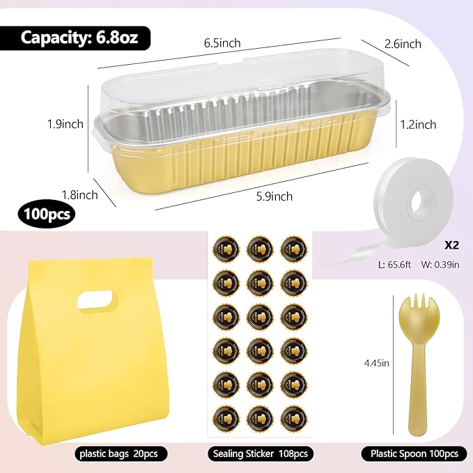 OcePor 100 Pack Mini Loaf Pans With Lids，Mini Cake Pans With Lids and Spoons，6.8oz Bread Loaf Pans Disposable，Small Aluminum Cake Tins,Baking Pans Individual (Gold)
