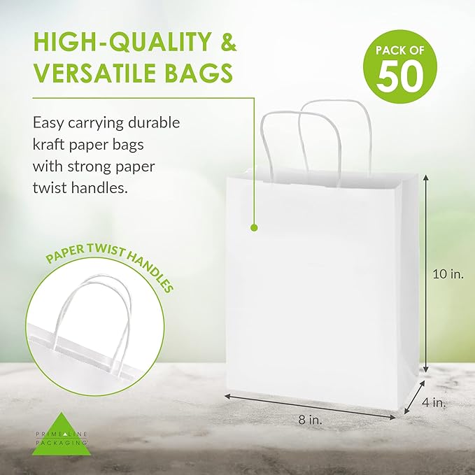 Prime Line Packaging White Paper Bags, Kraft Gift Bags with Handles for Small Business, Boutique, Retail, Shopping, Birthdays, Party Favors, Bulk, 8x4x10, 50 Pack